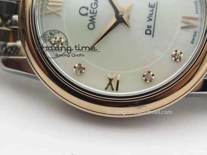 0426 De Ville 27mm SS RG Ladies MK 1:1 Best Edition White MOP Dial Diamond Markers On SS Bracelet Ronda Quartz Chic 8198